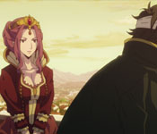queen mirelia with naofumi on a balcony overlooking the city